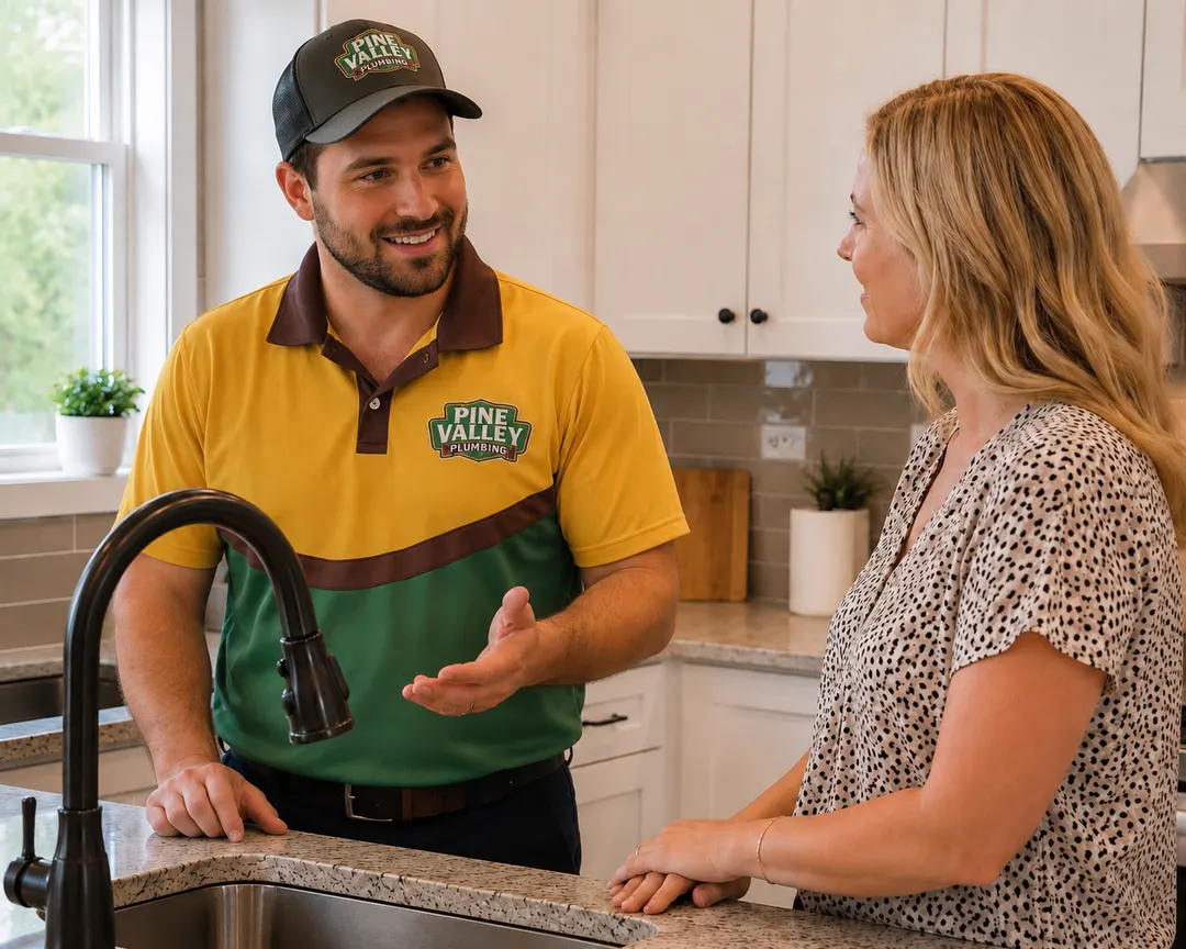 Pine Valley Plumbing plumber talking with a homeowner at the kitchen sink