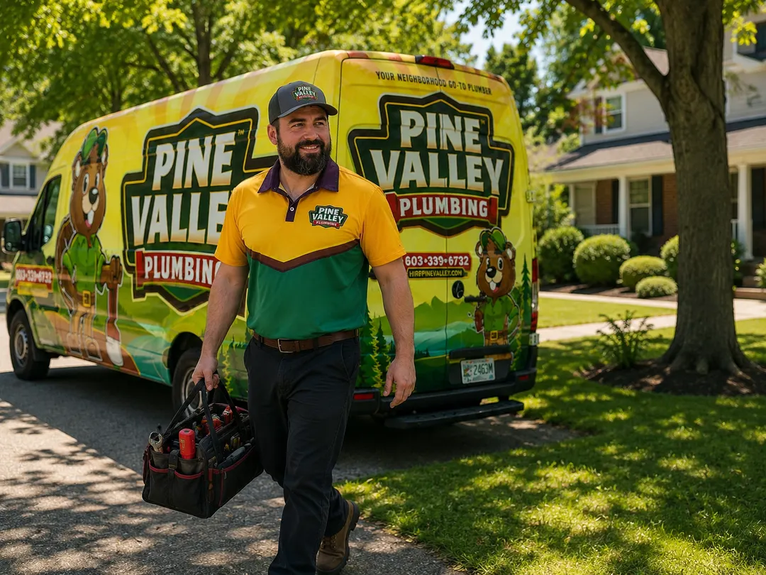 Pine Valley Plumbing plumber carrying a tool bag from the company truck in a Merrimack neighborhood