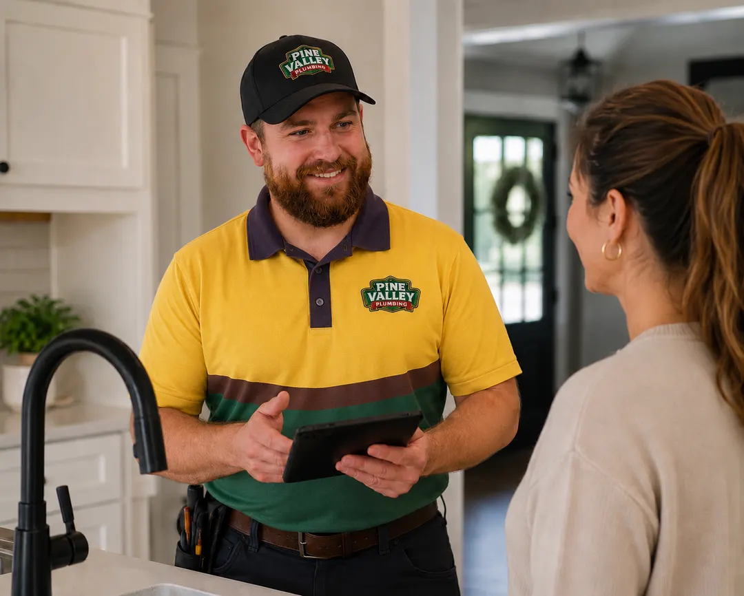 Pine Valley Plumbing plumber reviewing job details on a tablet with a homeowner