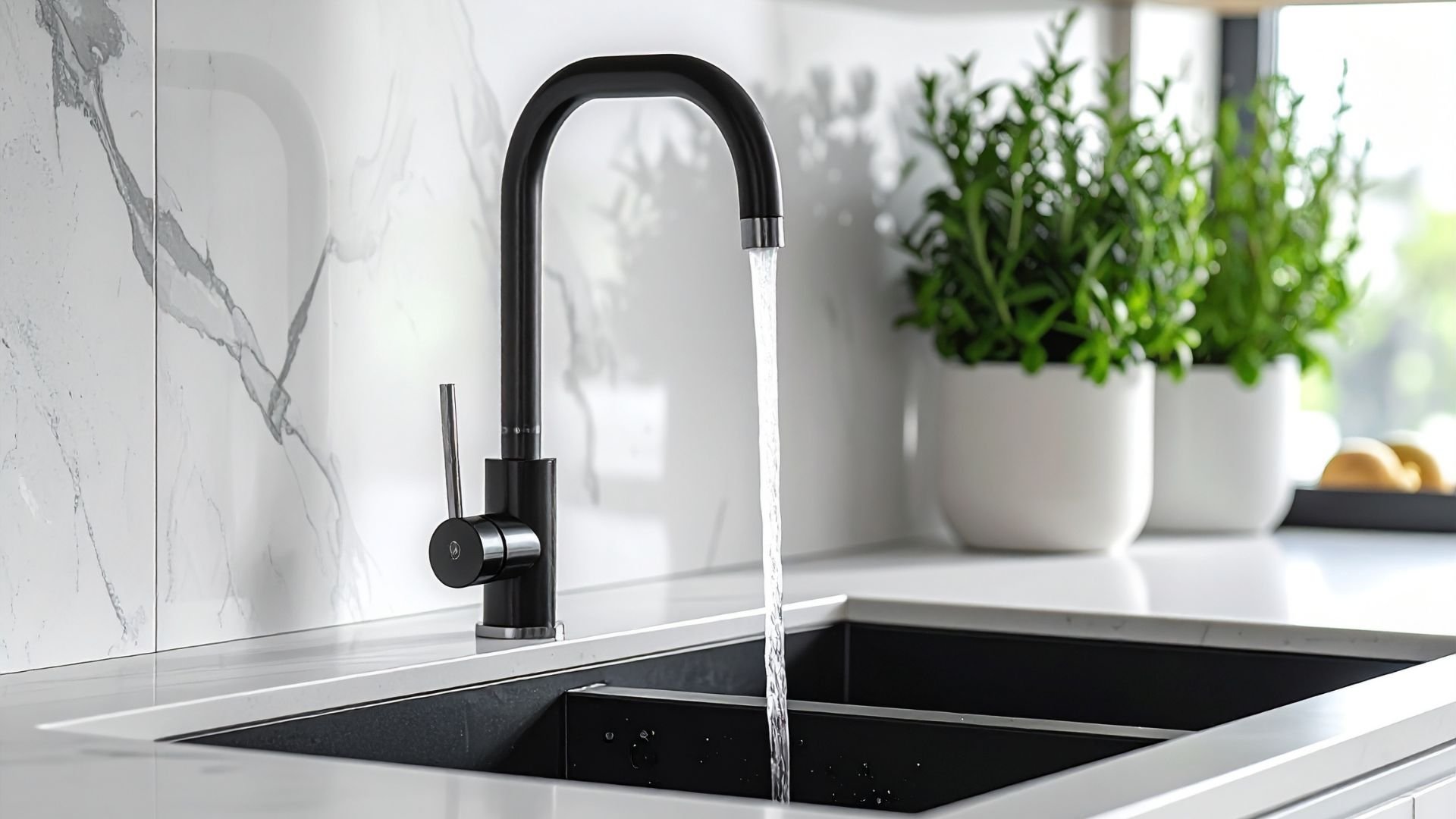 Modern black faucet running water in sleek marble kitchen with plants