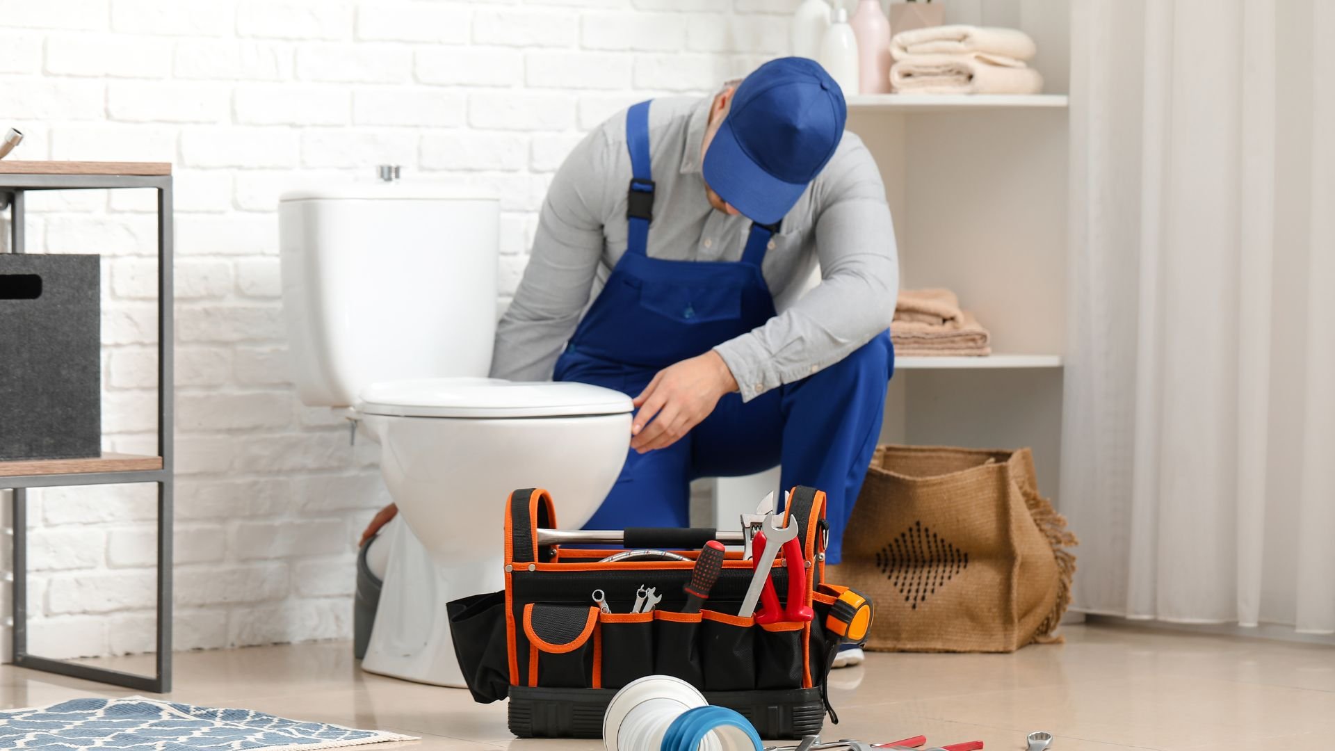 Plumber in blue overalls repairing toilet with tool bag nearby