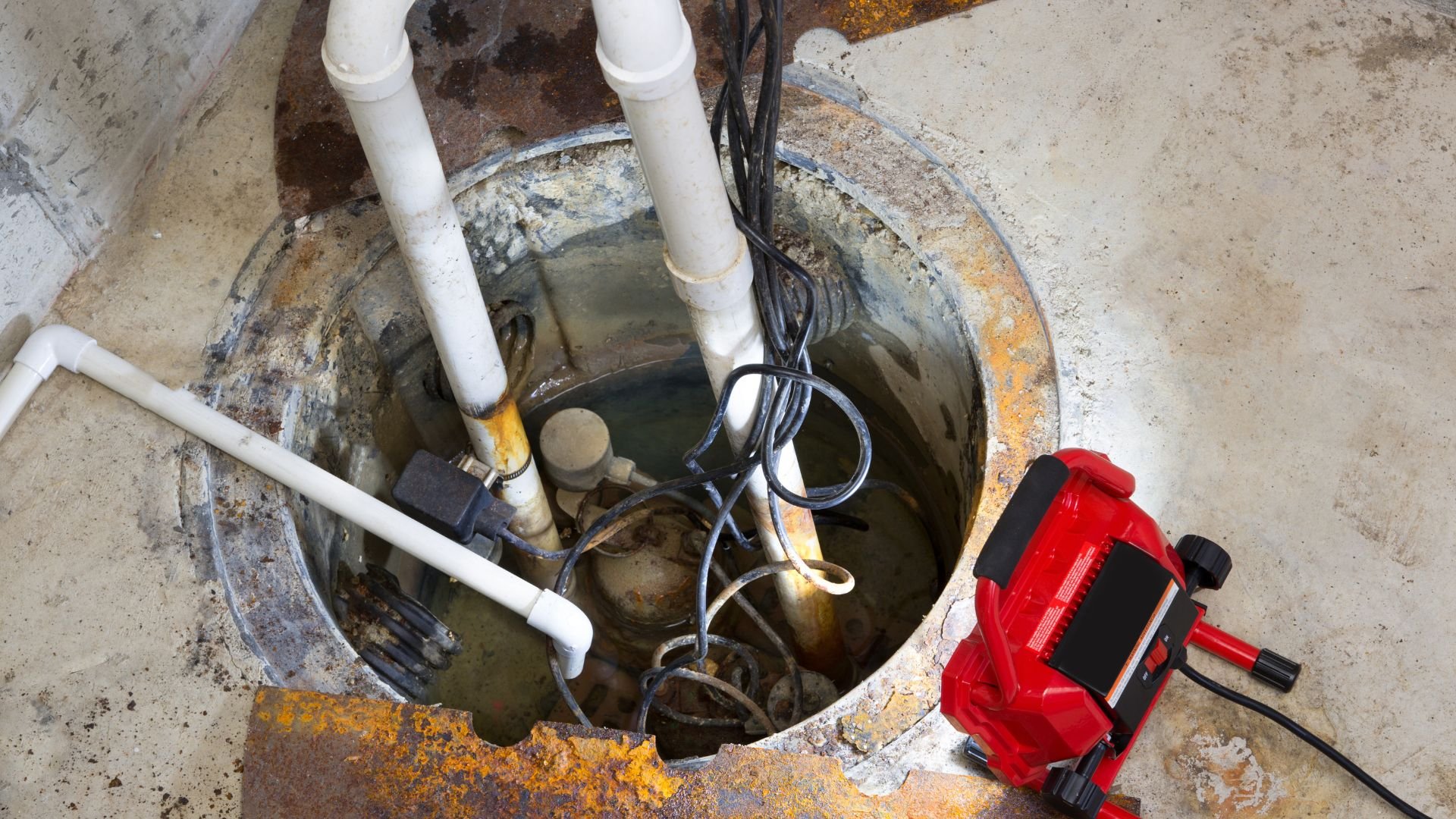 Sump pump with white pipes, electrical cables, and red equipment
