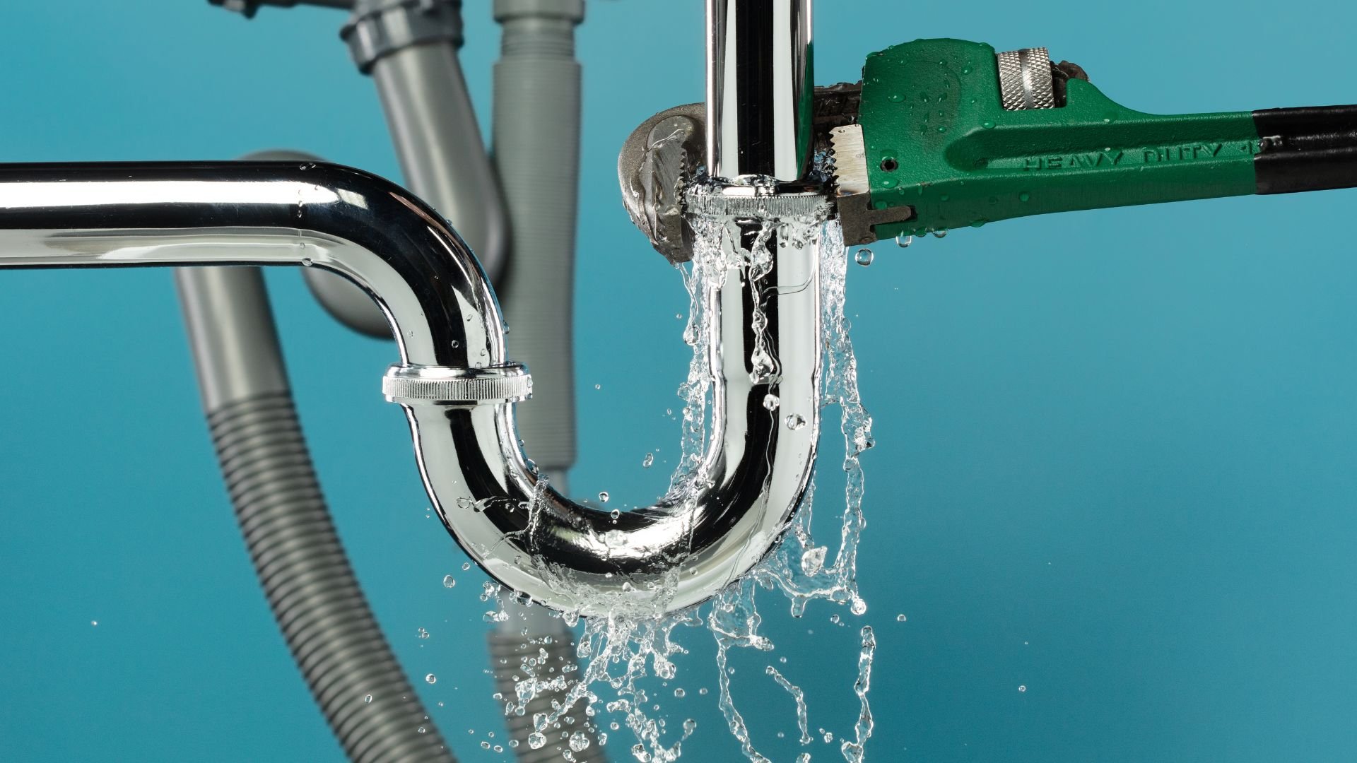 Water splashing from a chrome sink pipe with a green wrench