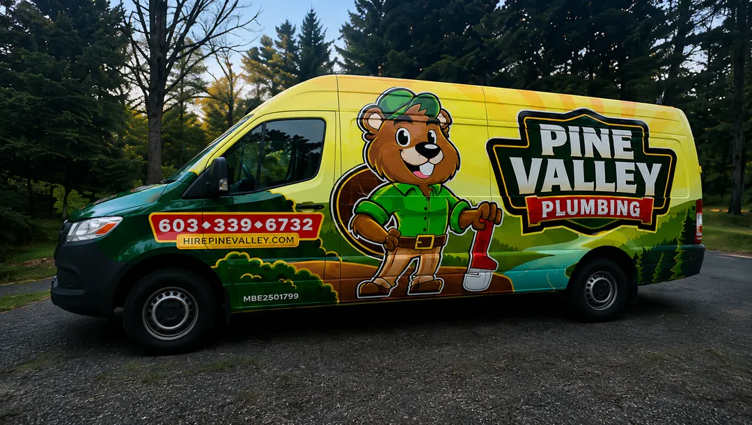 Pine Valley Plumbing service van parked in a New Hampshire pine forest at dusk