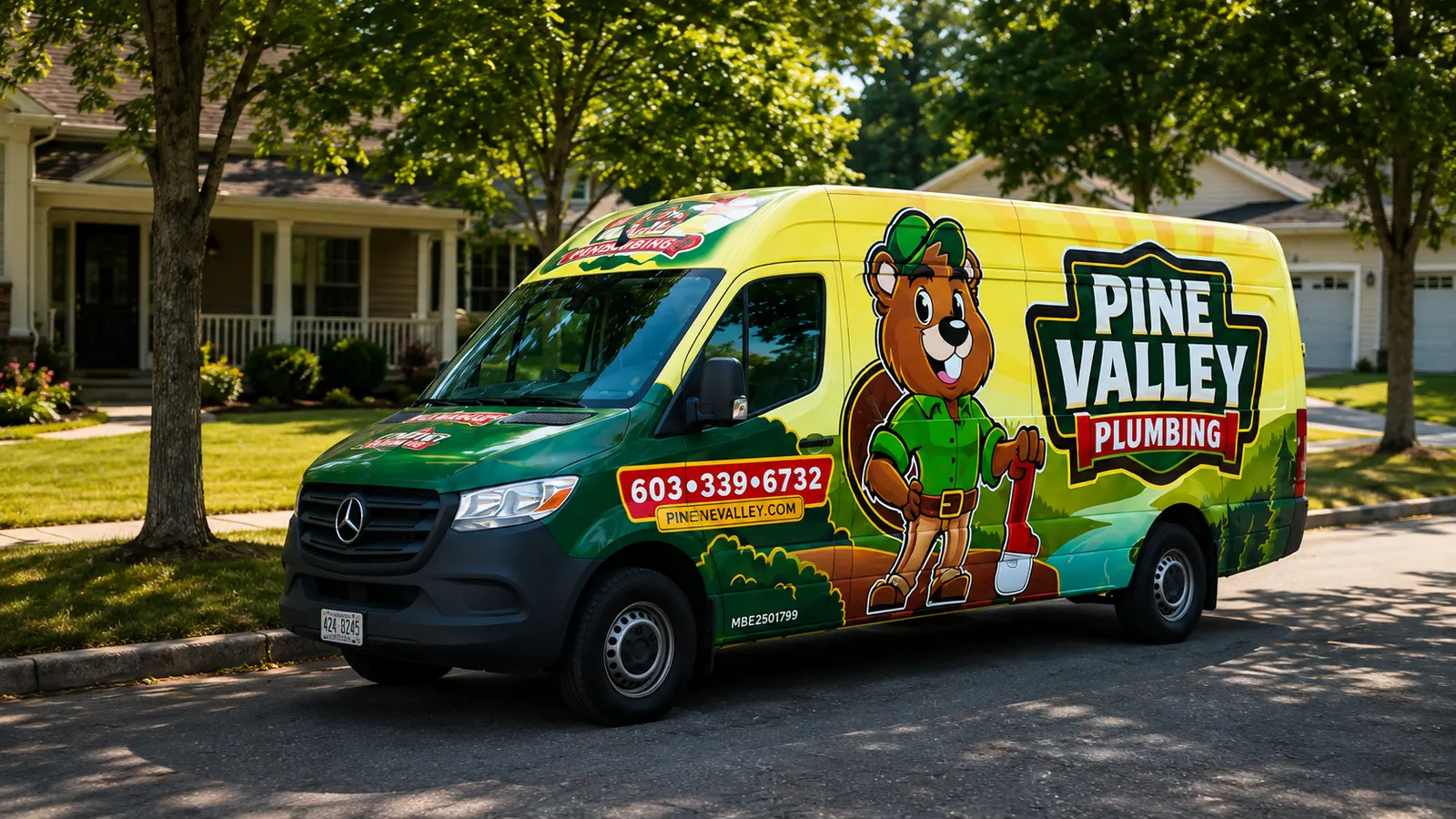 Pine Valley Plumbing service van with cartoon beaver mascot parked in a Merrimack, NH neighborhood